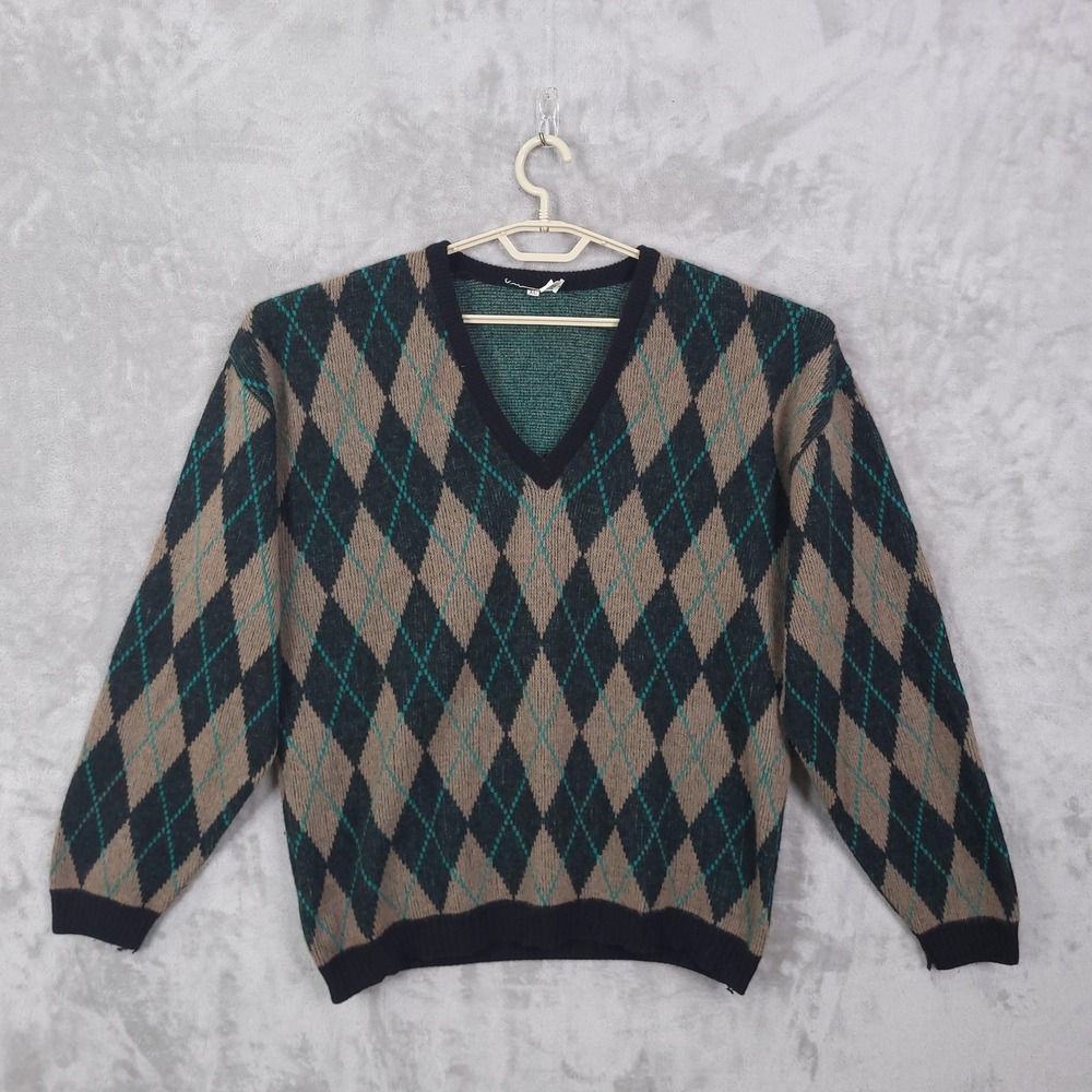 Belvedere Sweater Mens XL Brown Argyle Merino Angora V-Neck Vintage Knit